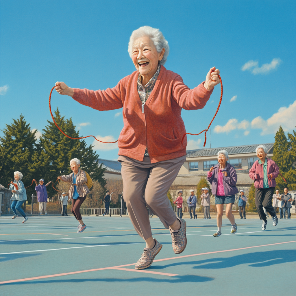 Japanese elderly women skipping rope at outdoor sports day