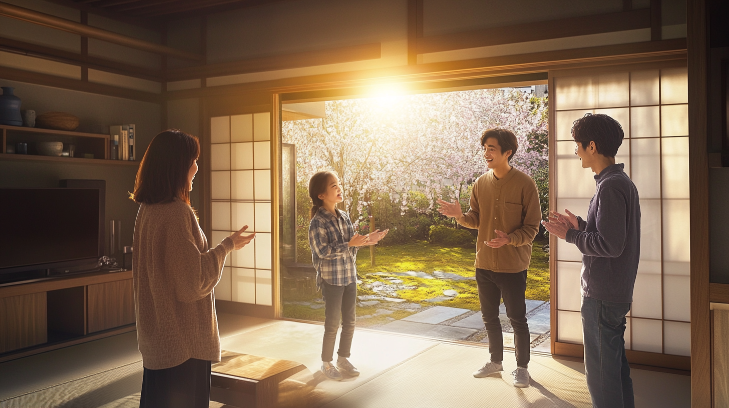 Japanese family bonding in tranquil, futuristic home garden.