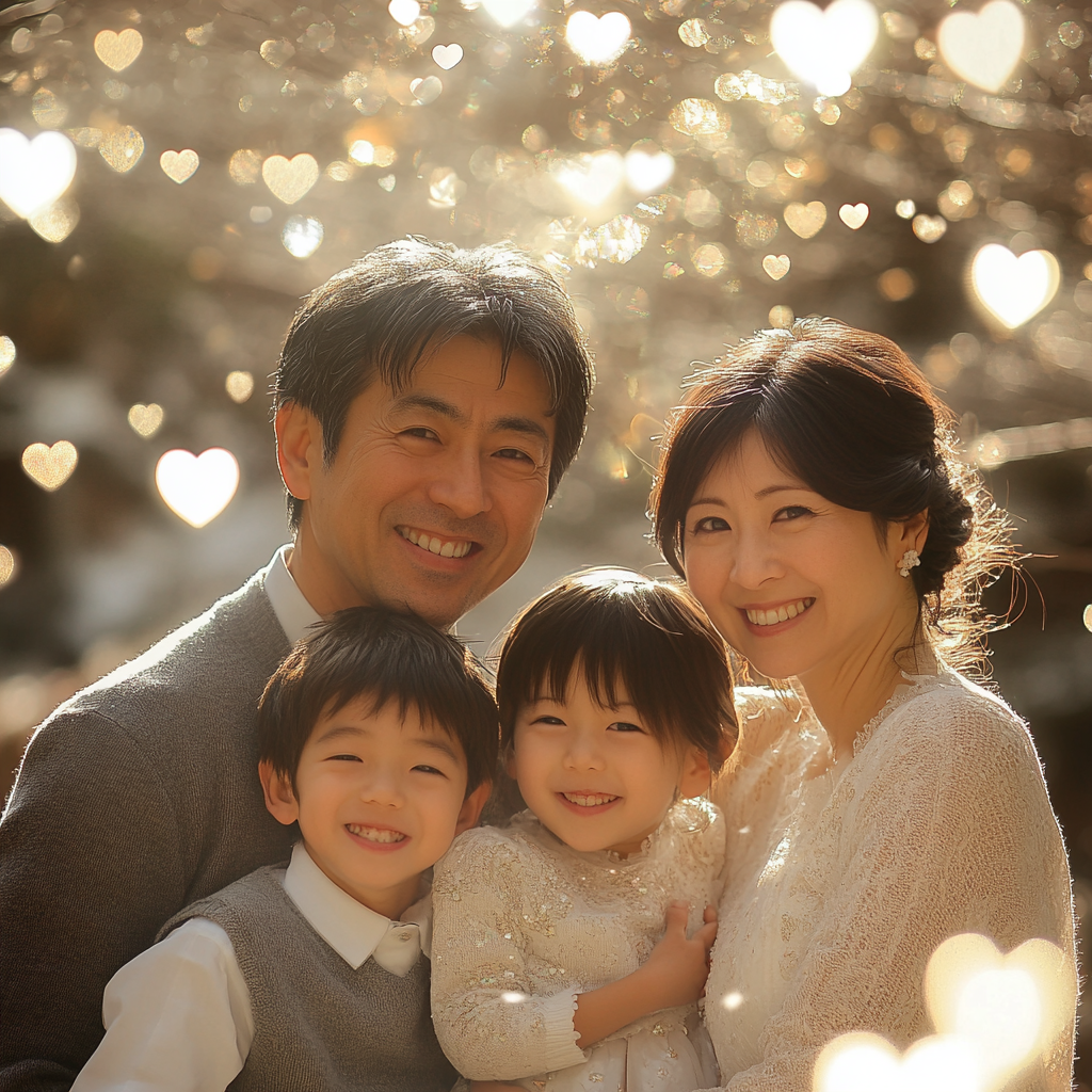 Japanese family portrait with hearts and heavenly light.