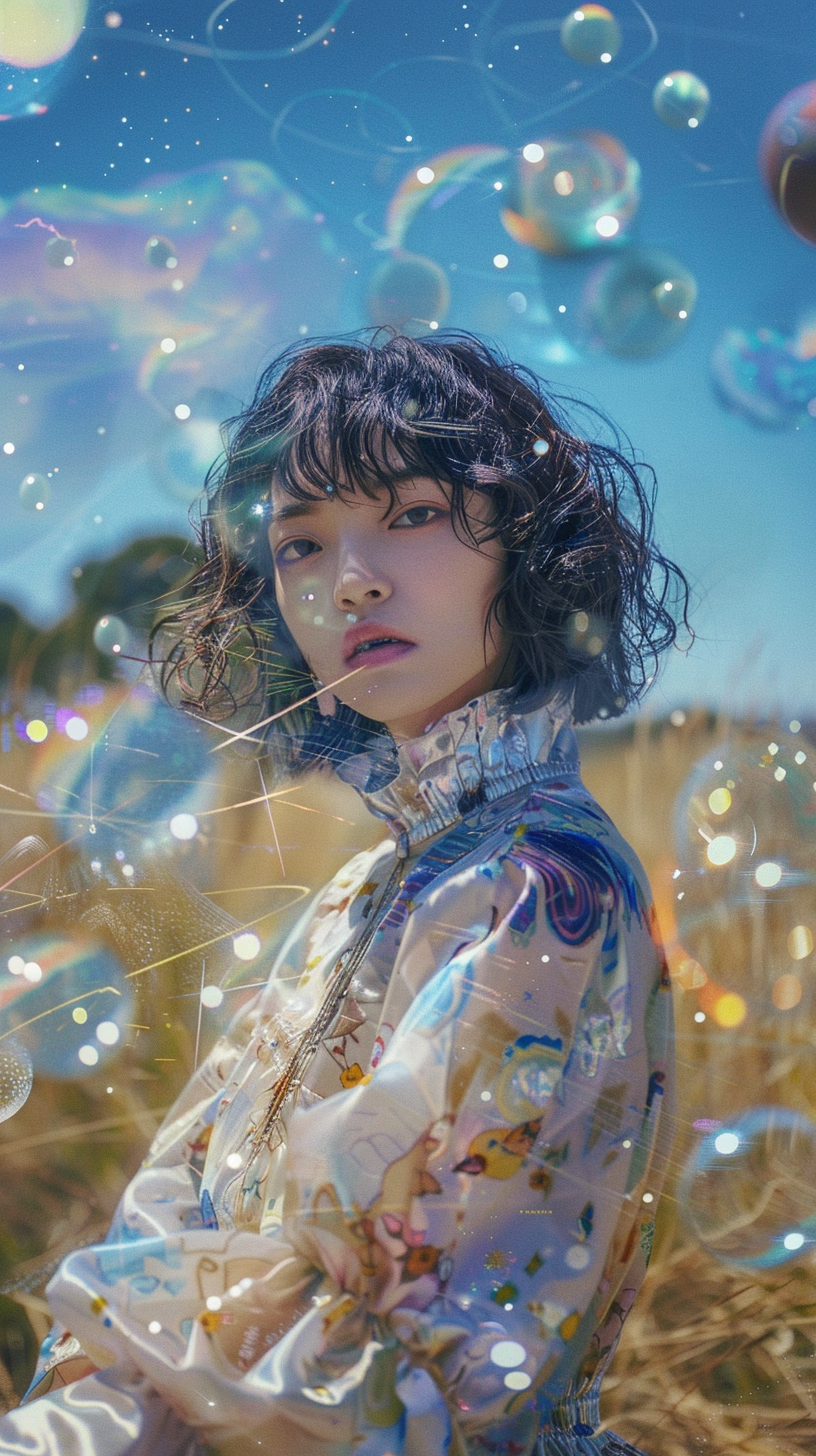 Japanese fashion model in cosmos-inspired luxury brand clothes.