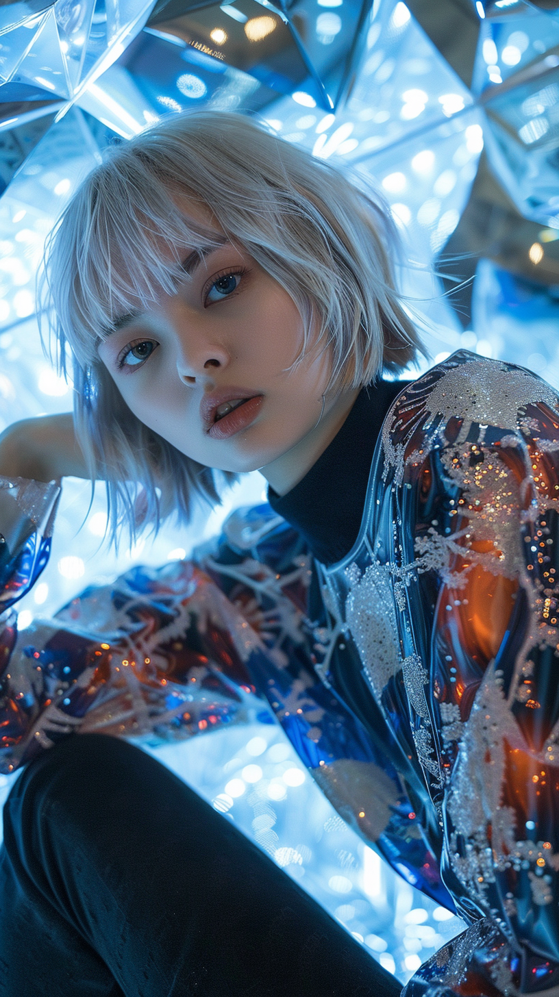 Japanese fashion model in luxury brand cosmos clothes pose.