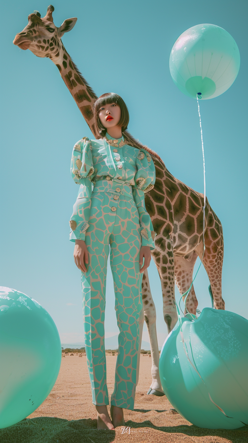 Japanese fashion model in mint green giraffe outfit.