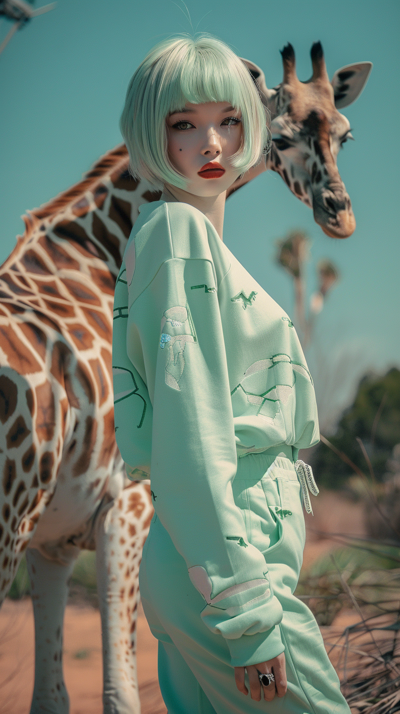 Japanese fashion model in mint green giraffe print outfit.