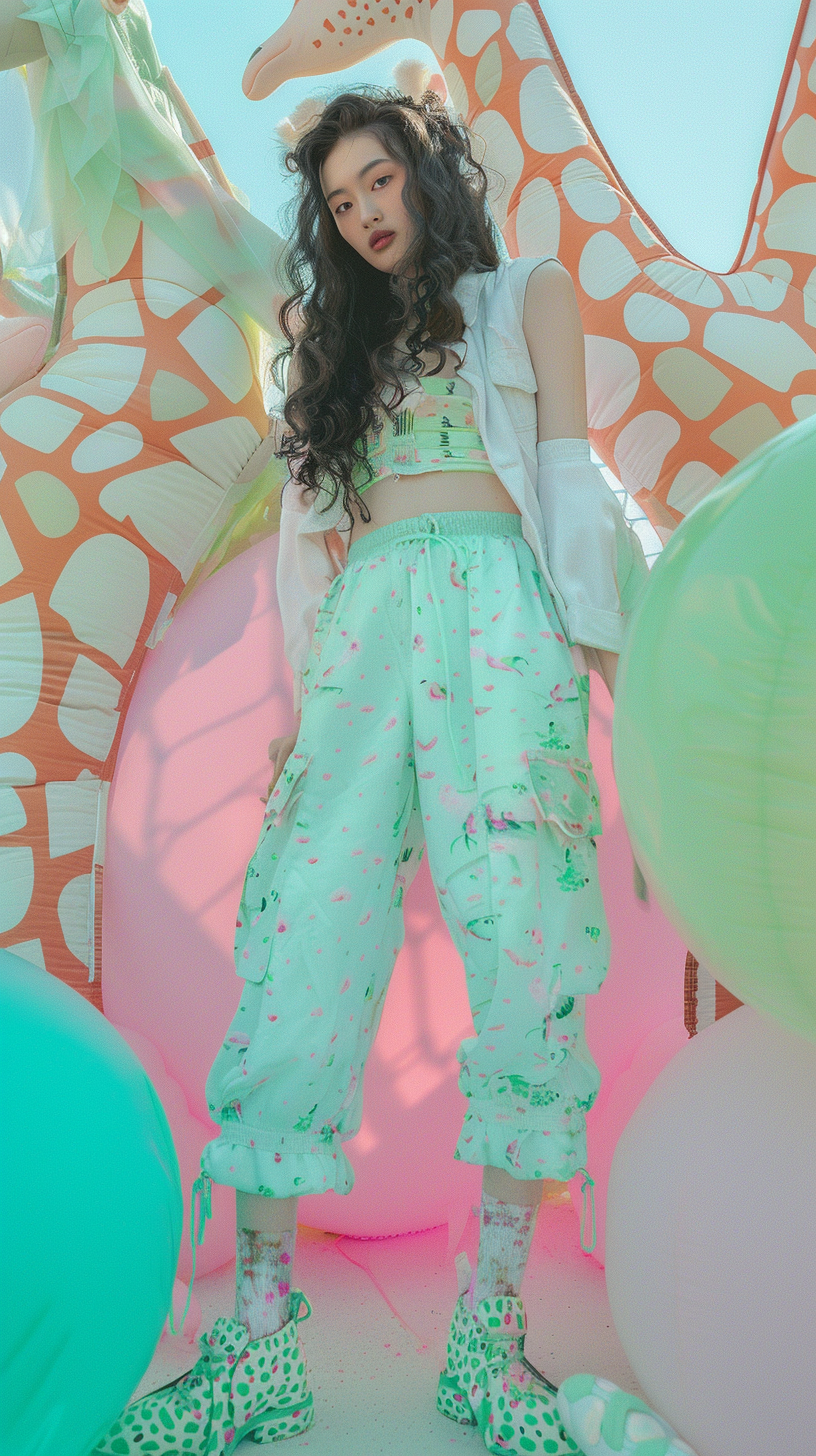 Japanese fashion model in mint green outfit with giraffe.