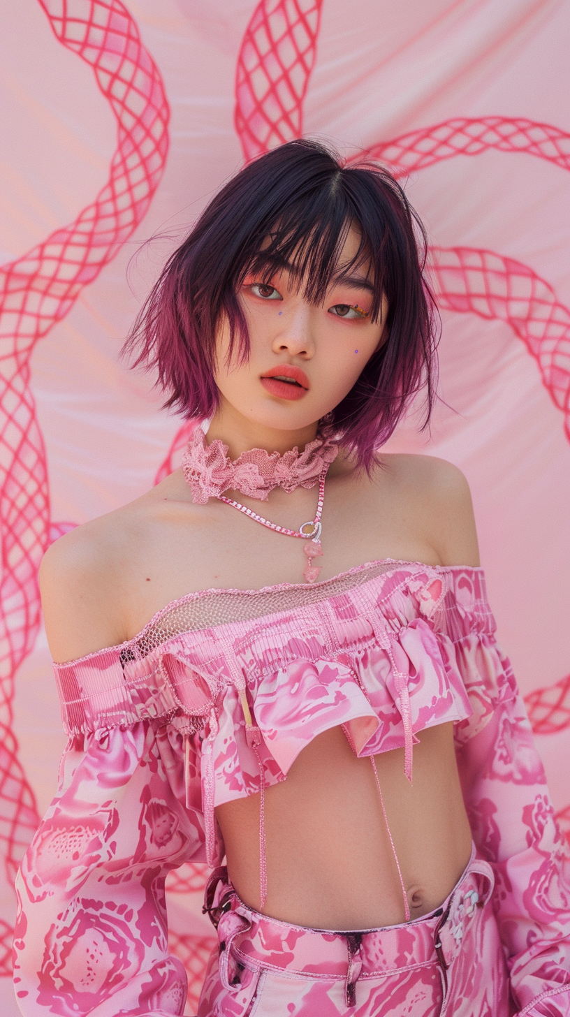 Japanese fashion model in pink snake outfit, EOS R6.