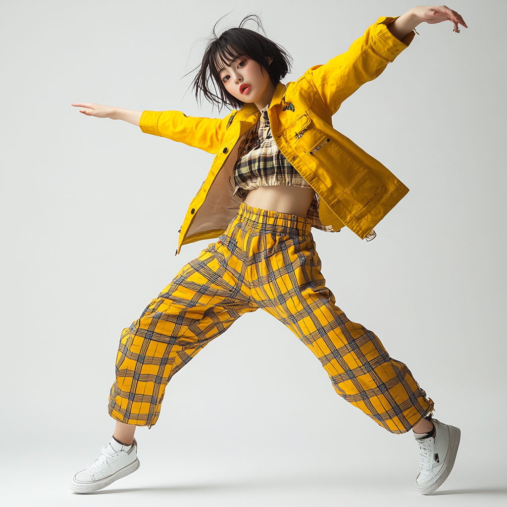 Japanese fashion model in stylish clothing doing high kicks.