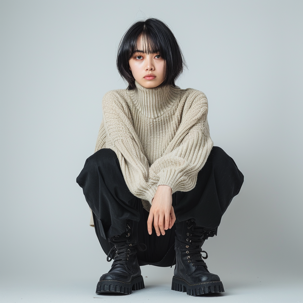 Japanese fashion model showcasing luxury brand clothing in studio.