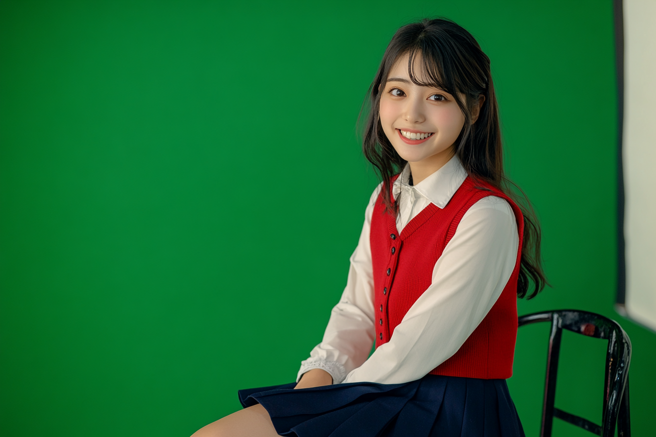 Japanese female, early twenties, smiling, red vest outfit, sitting