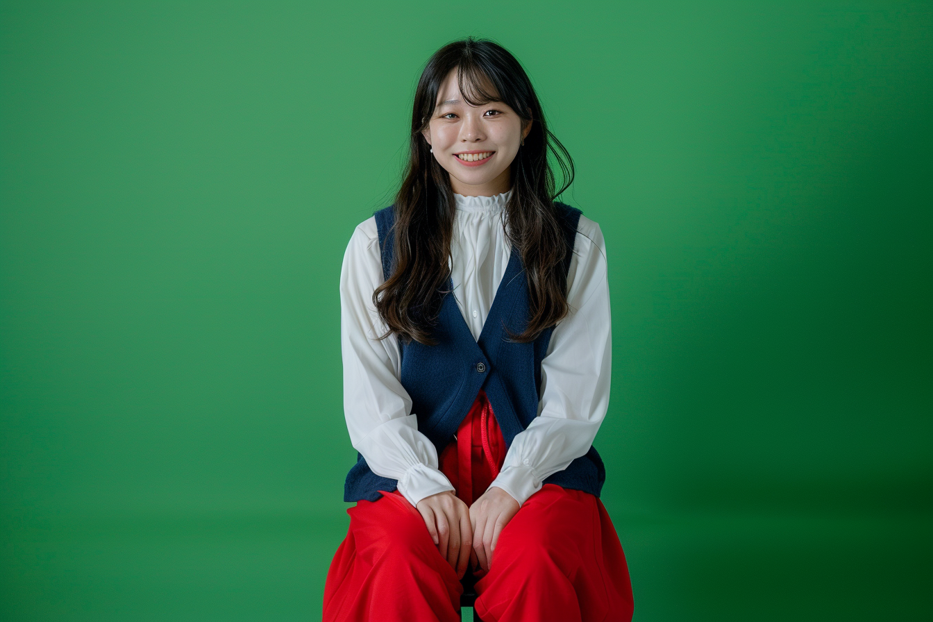 Japanese female in twenties with white blouse, navy vest, red trousers, smiling, sitting on iron stool.