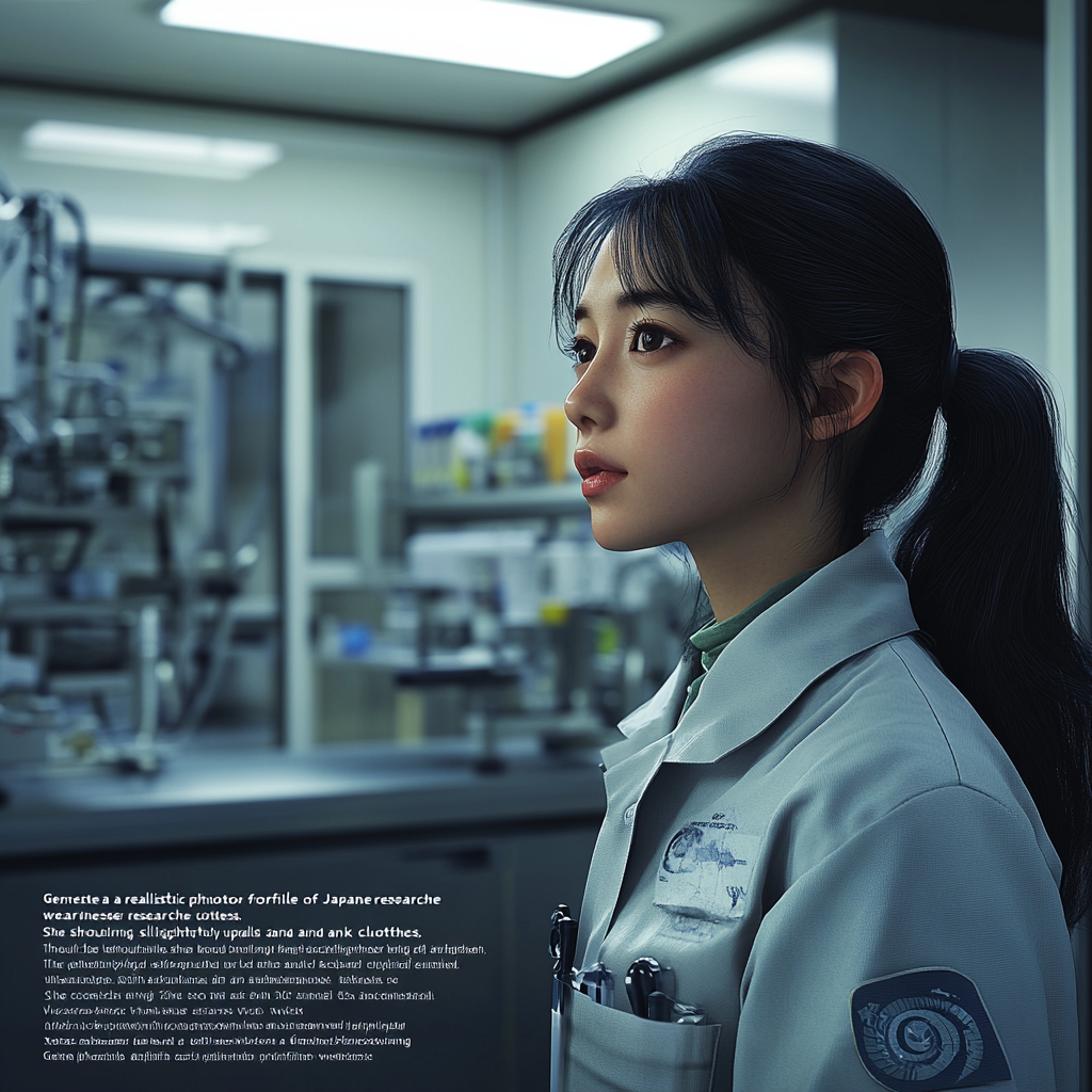 Japanese female researcher in lab, focused expression portrait.