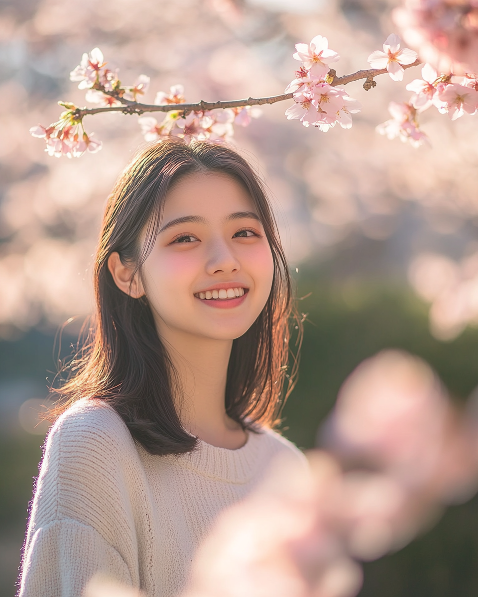 Japanese female student in Nagasaki Peace Park, cherry blossoms.