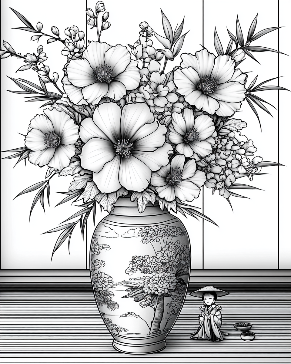 Japanese flowers and geisha doll in vase Coloring Page