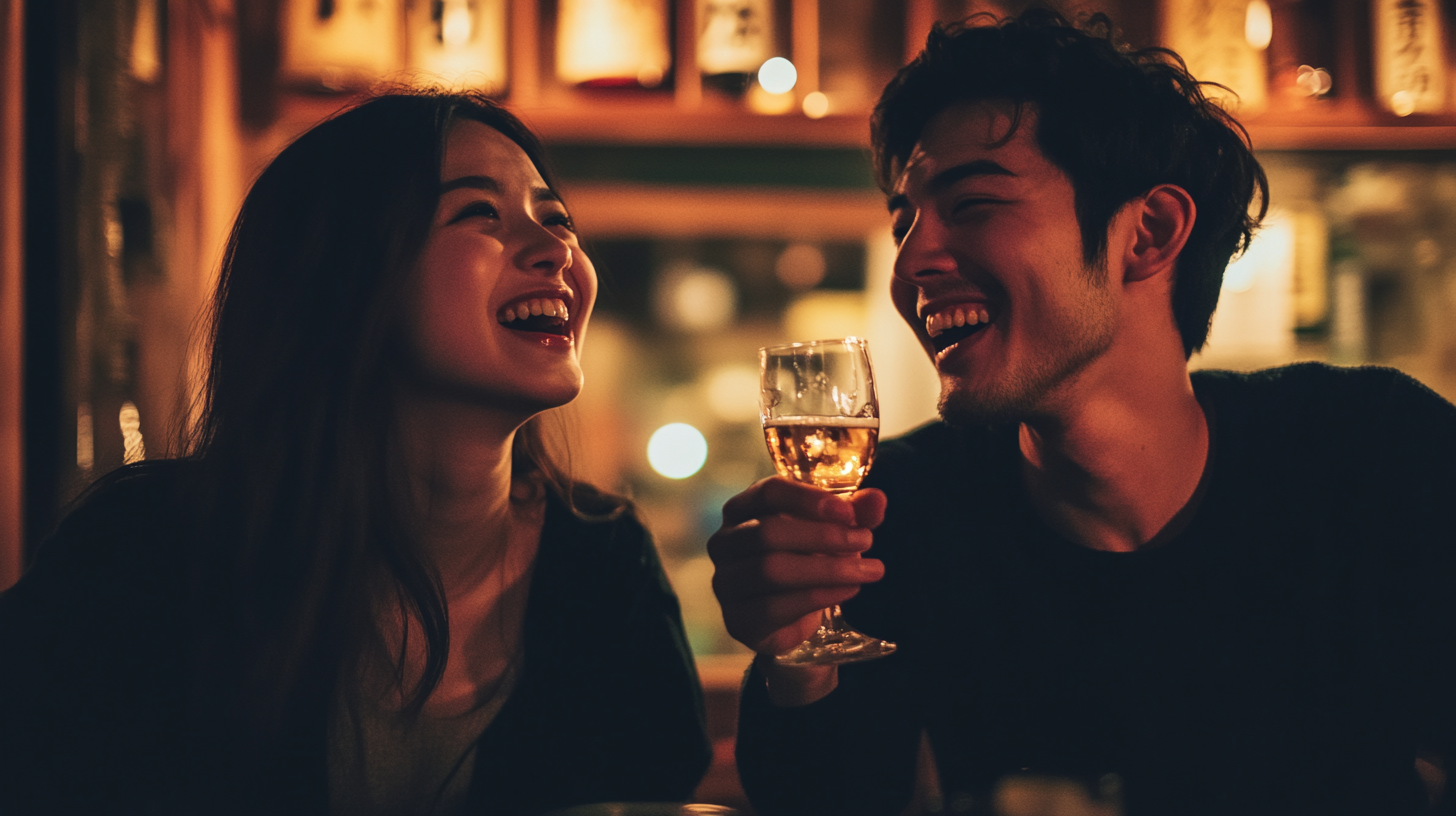 Japanese friends celebrating in cozy tavern delighted.