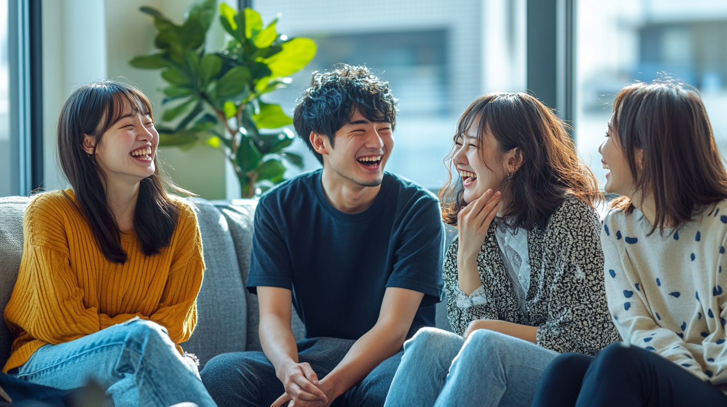 Japanese friends laughing on sofa in bright room.