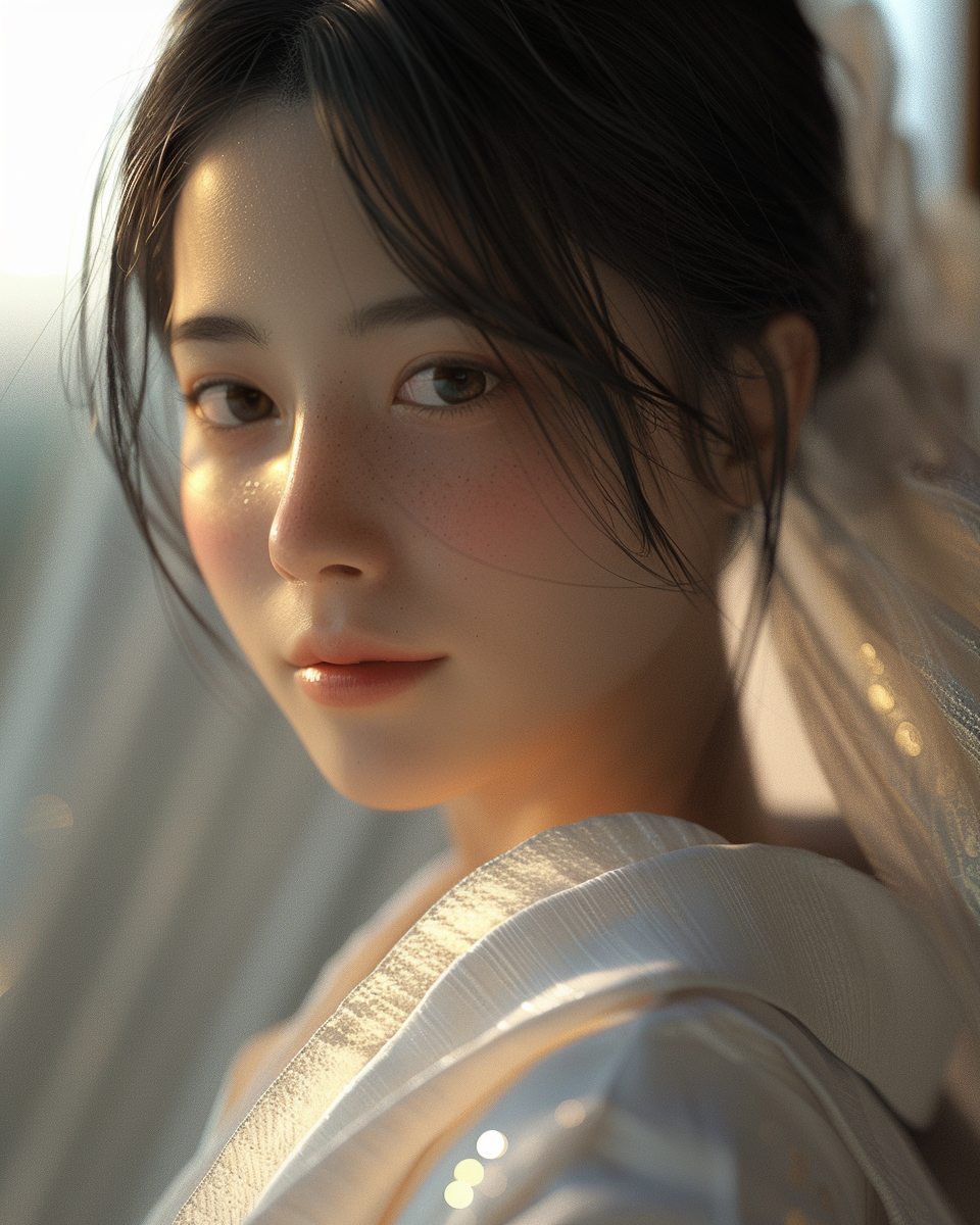 Japanese girl in white cardigan, close-up image.