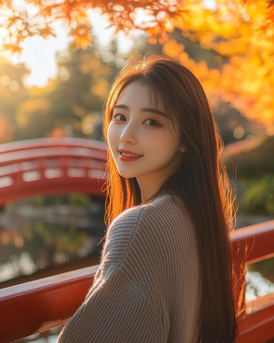 Japanese girl smiling in autumn garden with red bridge.