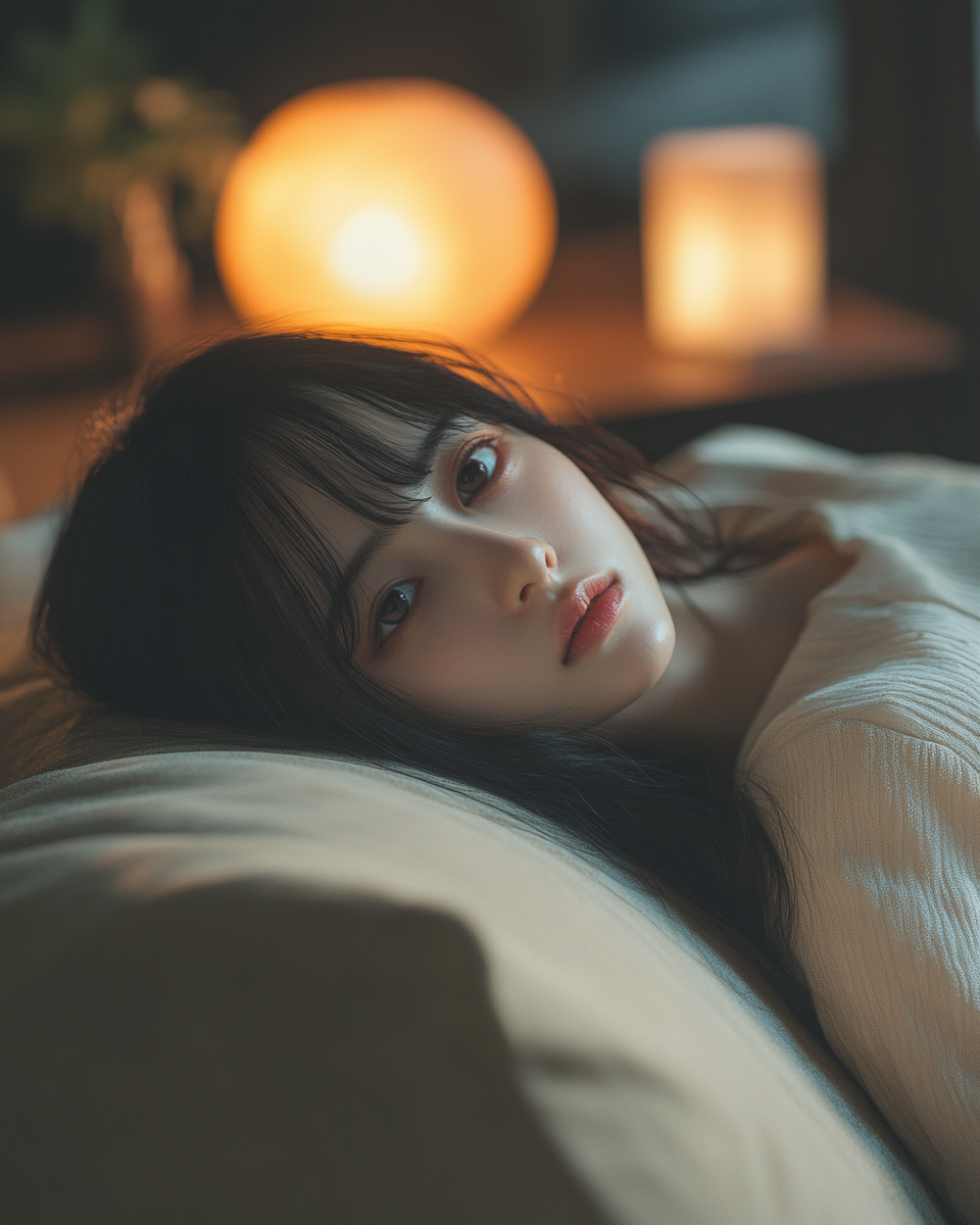 Japanese girl with clavicular-length hair lounging on beige sofa.