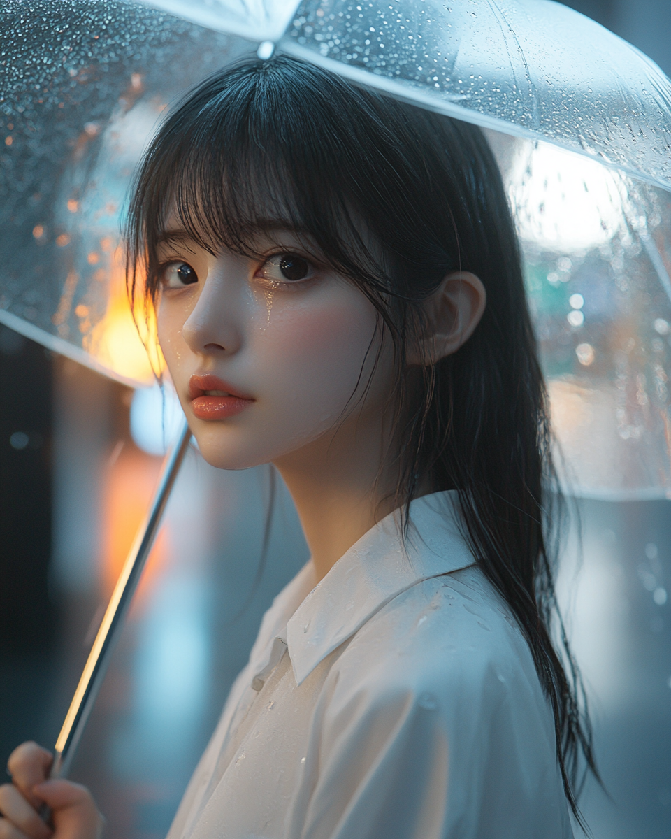 Japanese girl with delicate features holding an umbrella in rain.