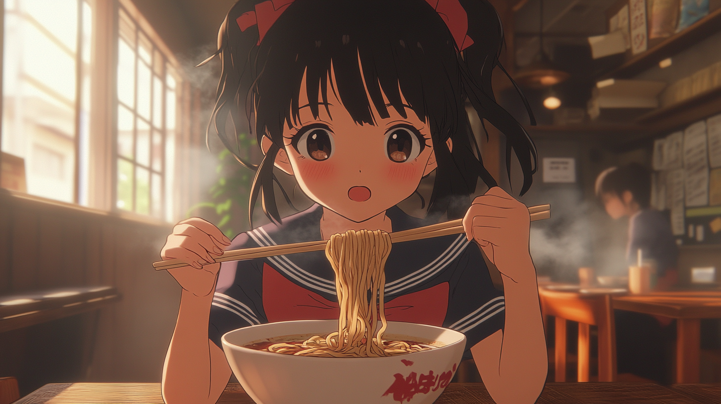 Japanese high school girl eating ramen in cozy shop.