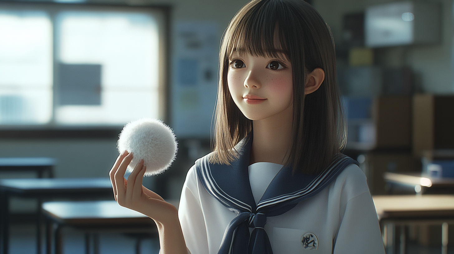 Japanese high school girl holding fluffy ball in classroom