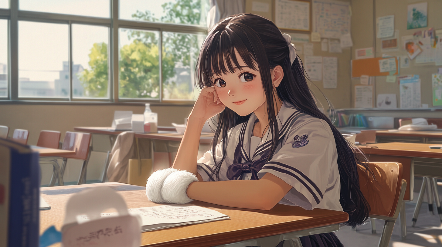 Japanese high school girl studying with band; realistic classroom setting.