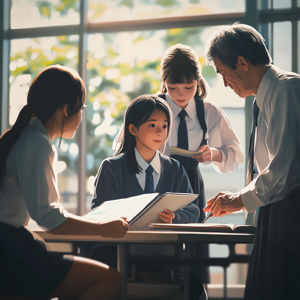 Japanese high school student receives guidance from teachers.