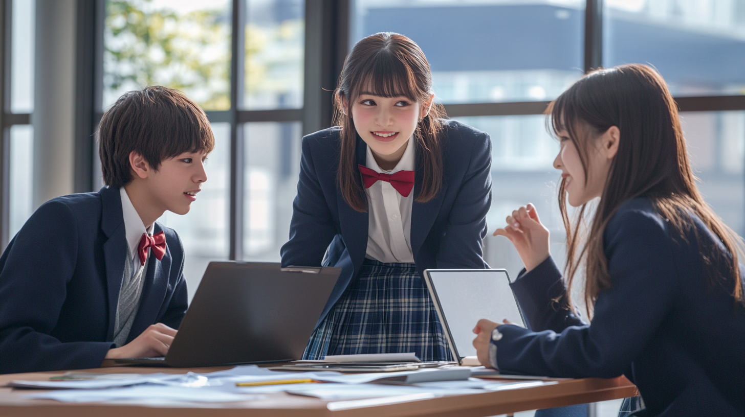 Japanese high school students in uniforms discuss project, teamwork.