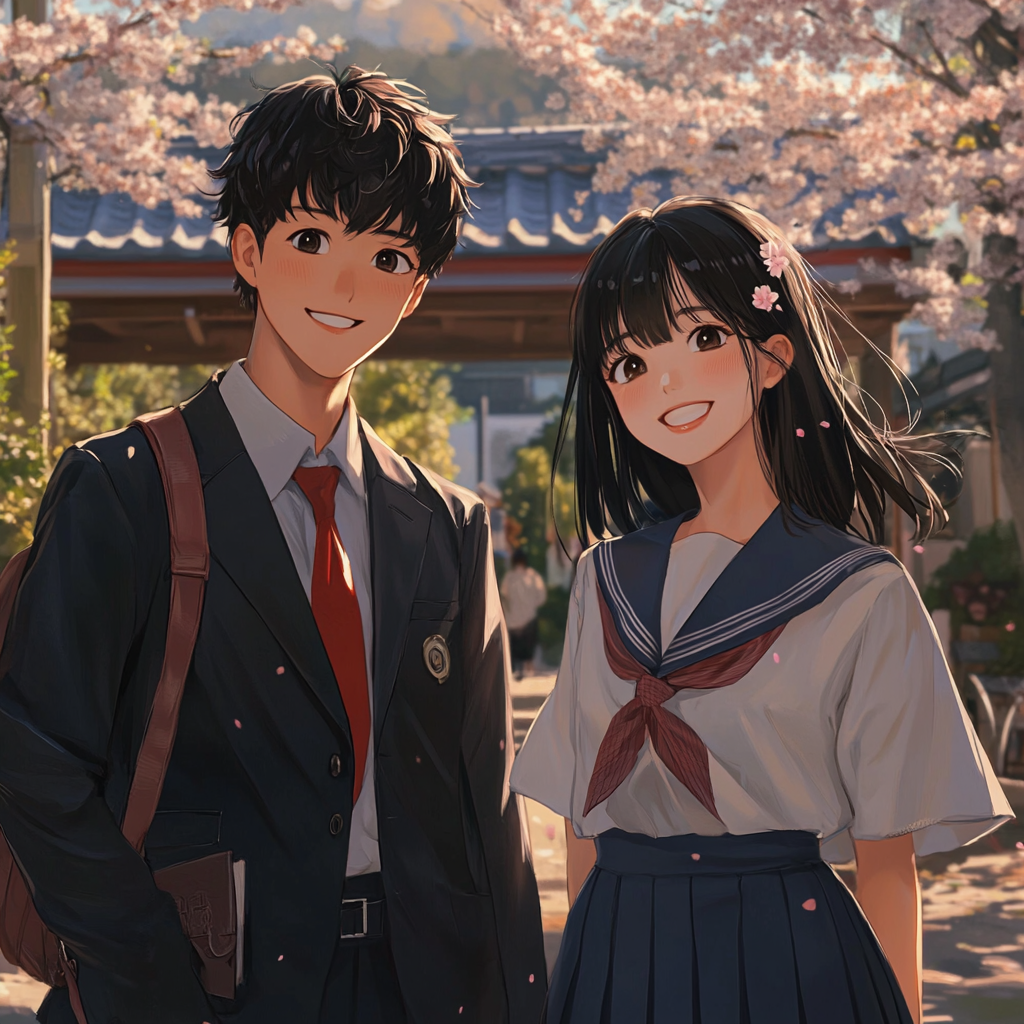 Japanese high school students smiling at school gate