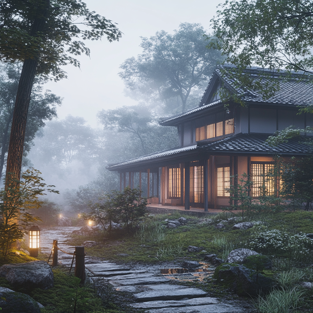 Japanese house with engawa in misty natural setting.