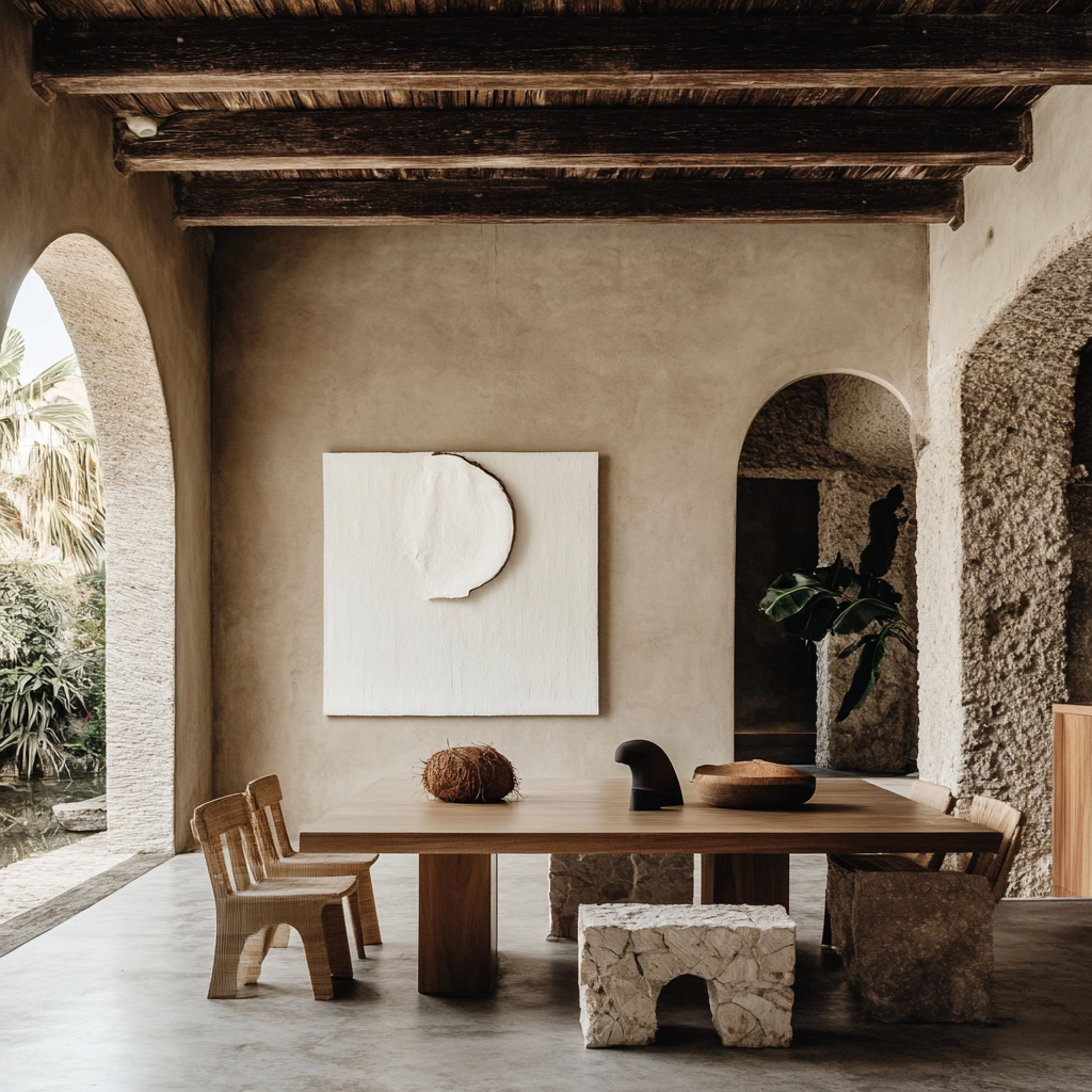 Japanese-inspired design house with coconut wall, stone furniture.