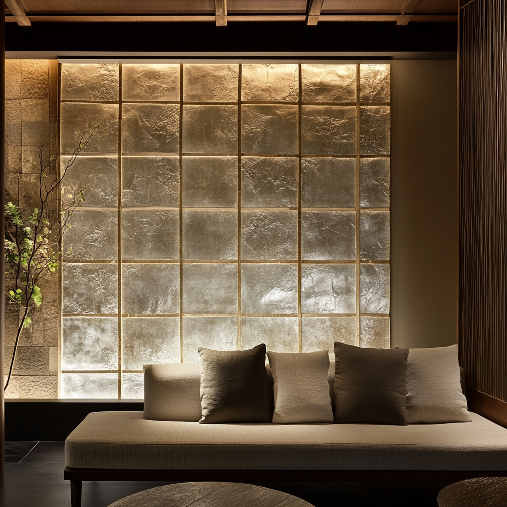 Japanese inspired wall decor with silver gilding, linen textile.