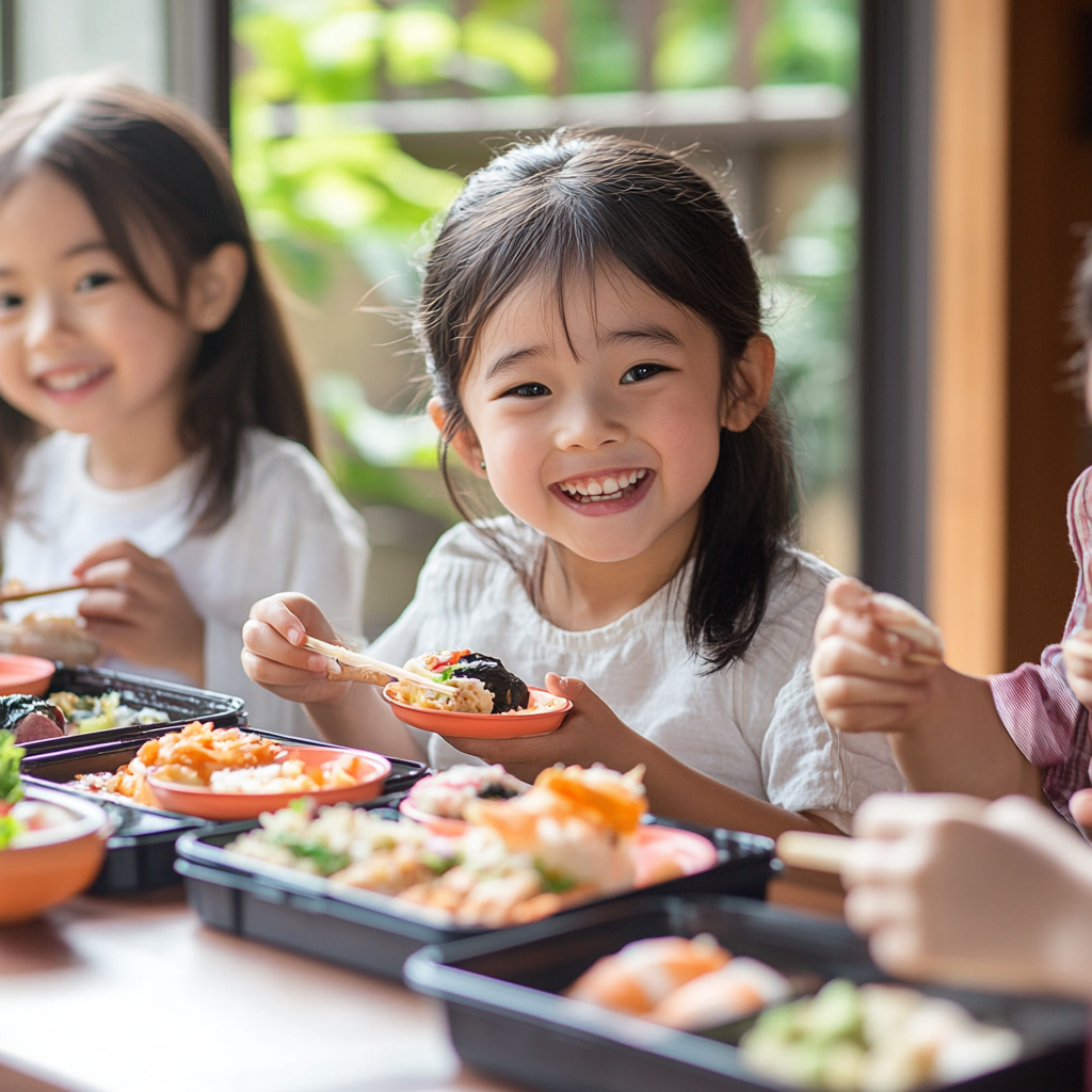 Japanese kids happily eating bento