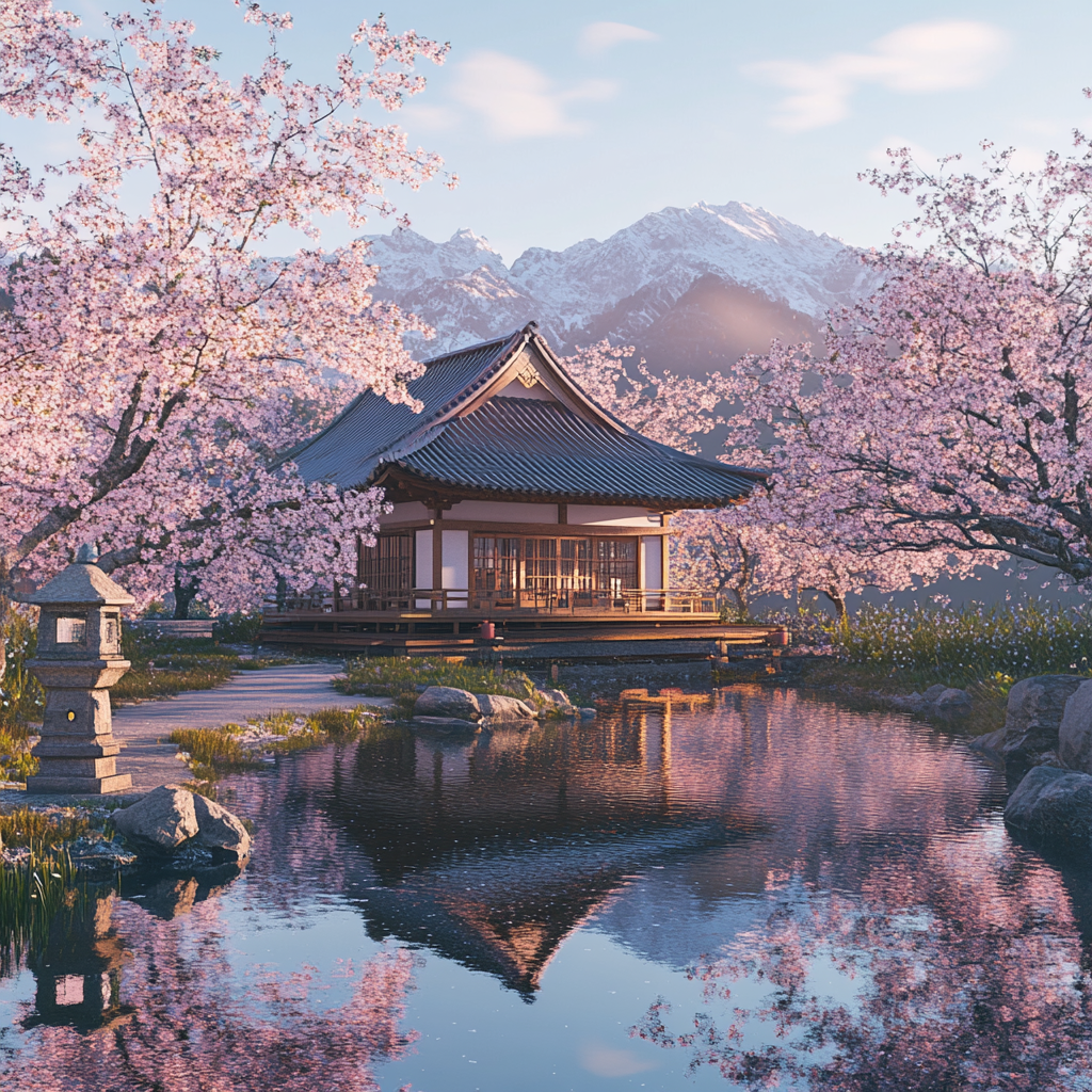 Japanese landscape with cherry blossoms, tea houses, and pond.