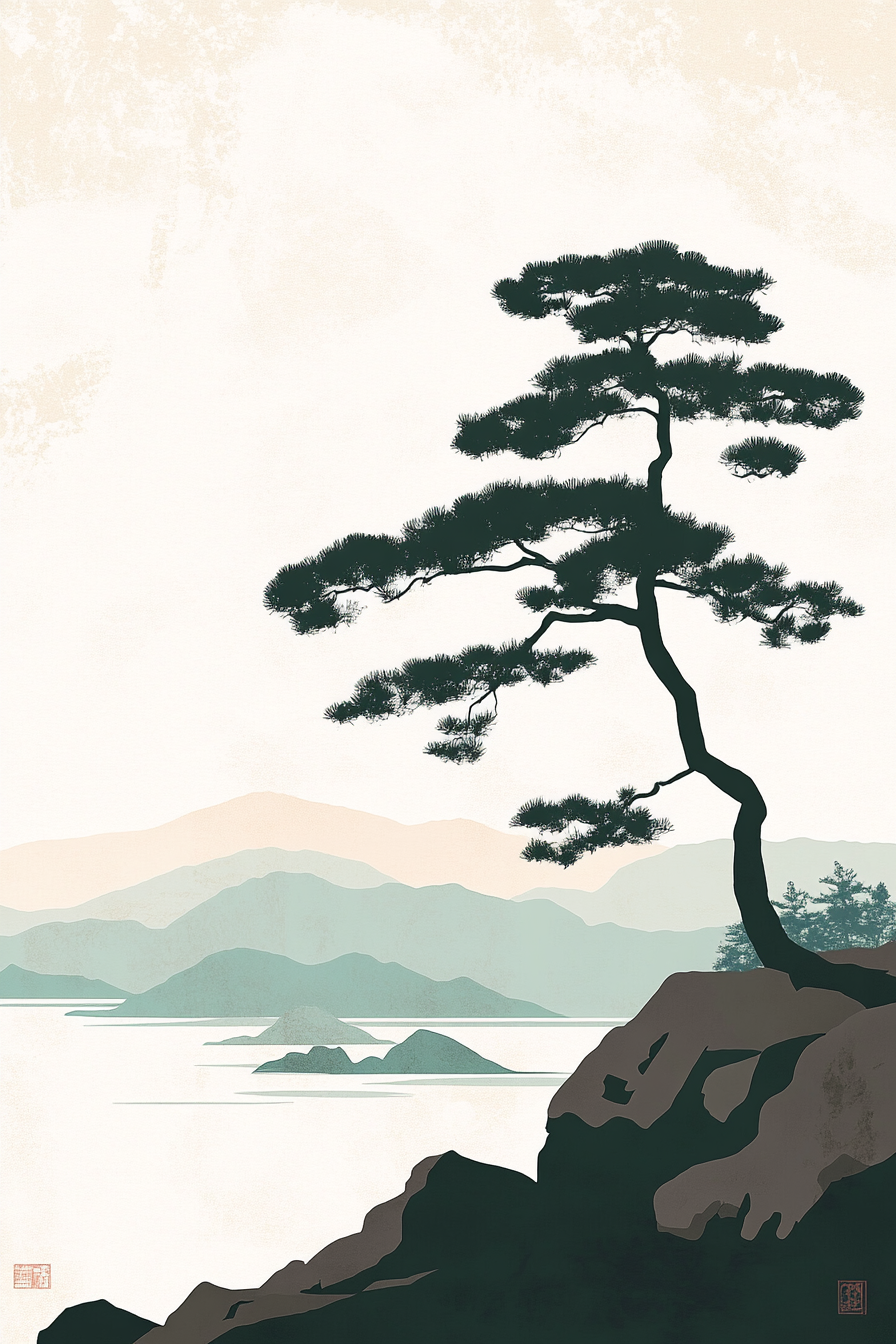 Japanese landscape with soft colors and smooth lines