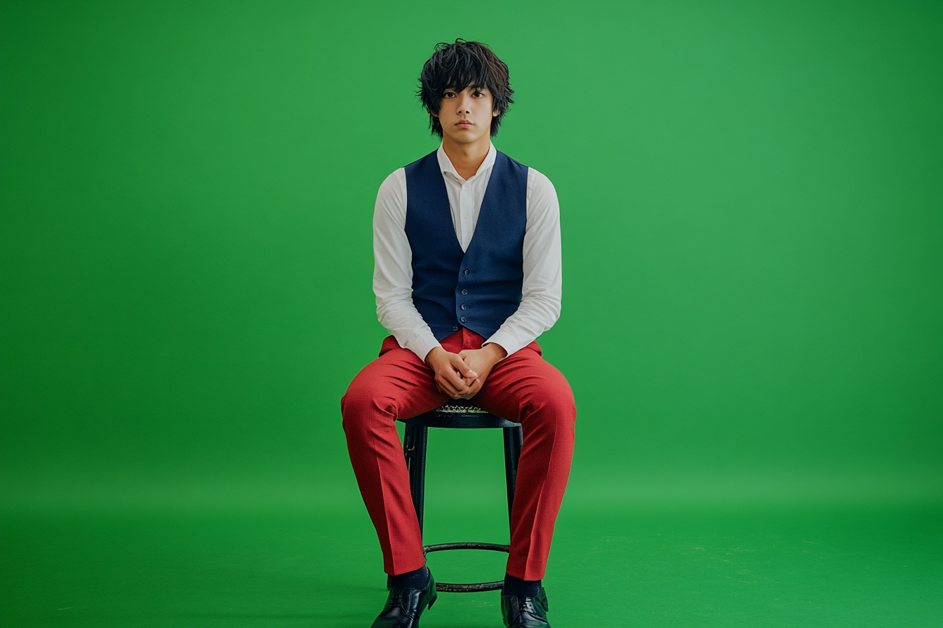 Japanese male in 20s, dressed in white, navy, and red.