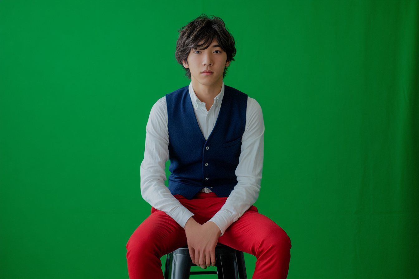 Japanese male in 20s, in white shirt, red trousers.