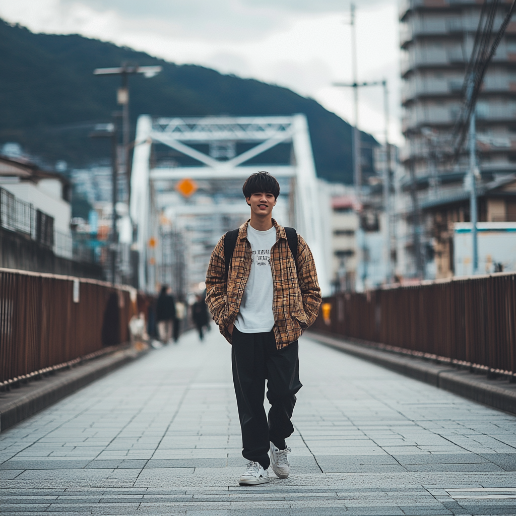 Japanese male student walks through Nagasaki streets in trendy outfit.