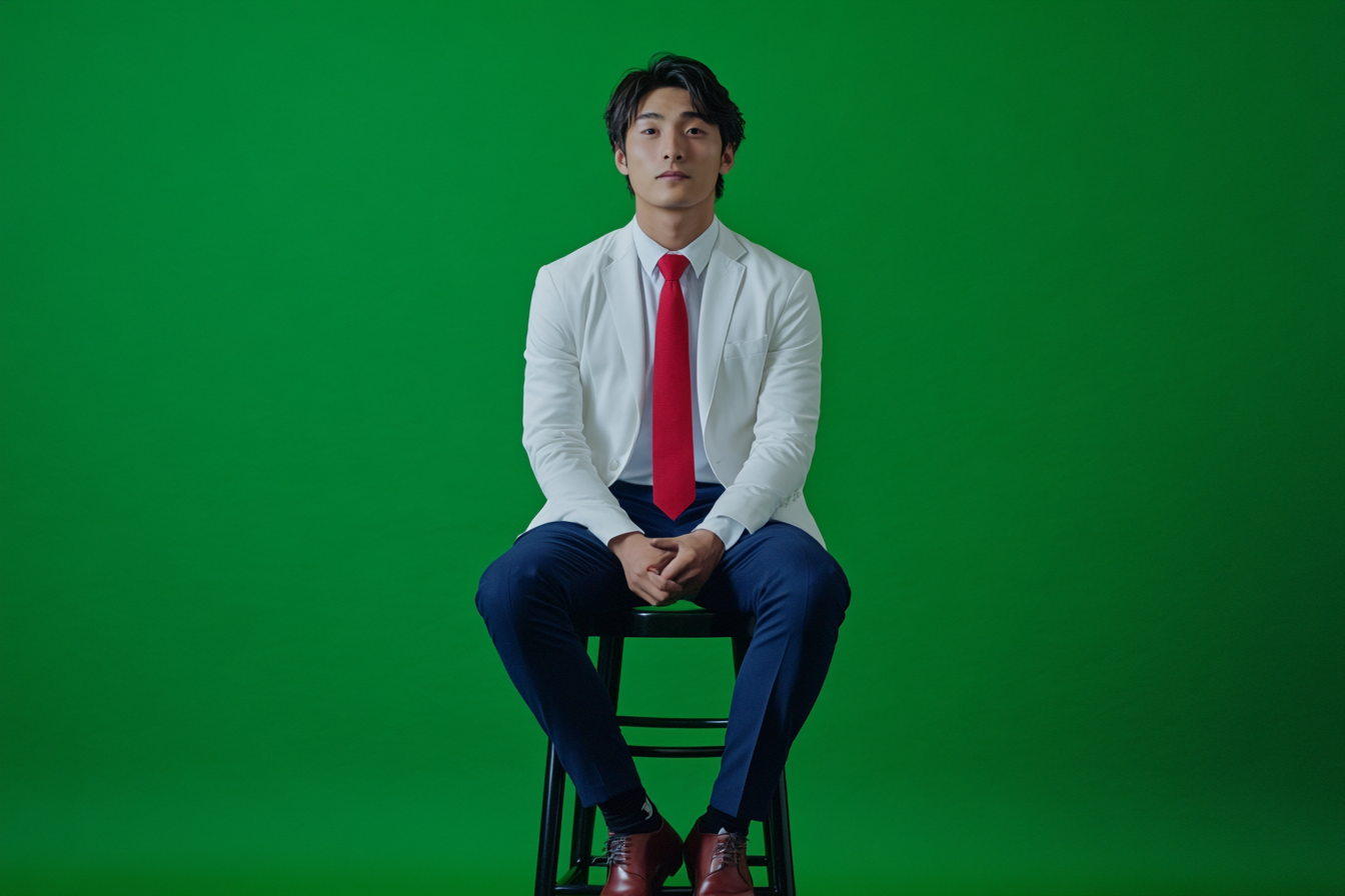 Japanese man in 20s, confident in stylish outfit, sitting.