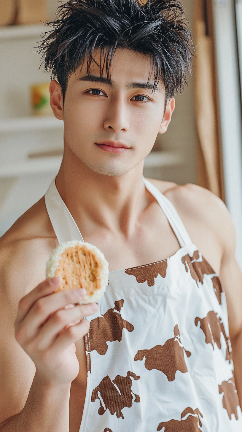 Japanese man in cow print apron offering twinkie.