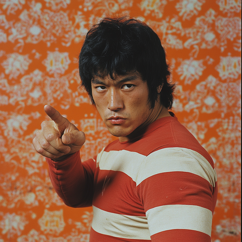 Japanese man in striped shirt doing hand sign