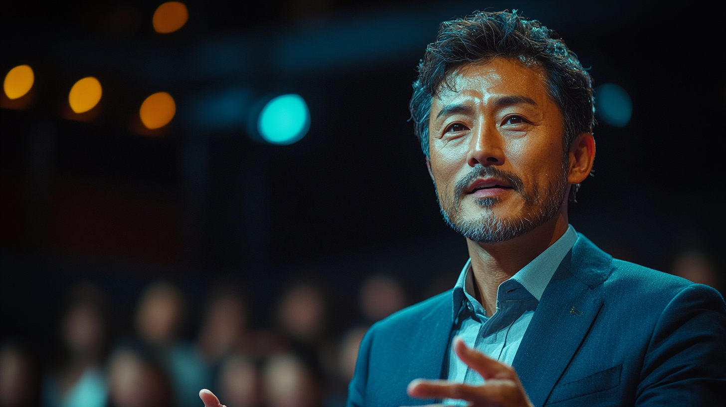 Japanese man in suit giving presentation on stage.