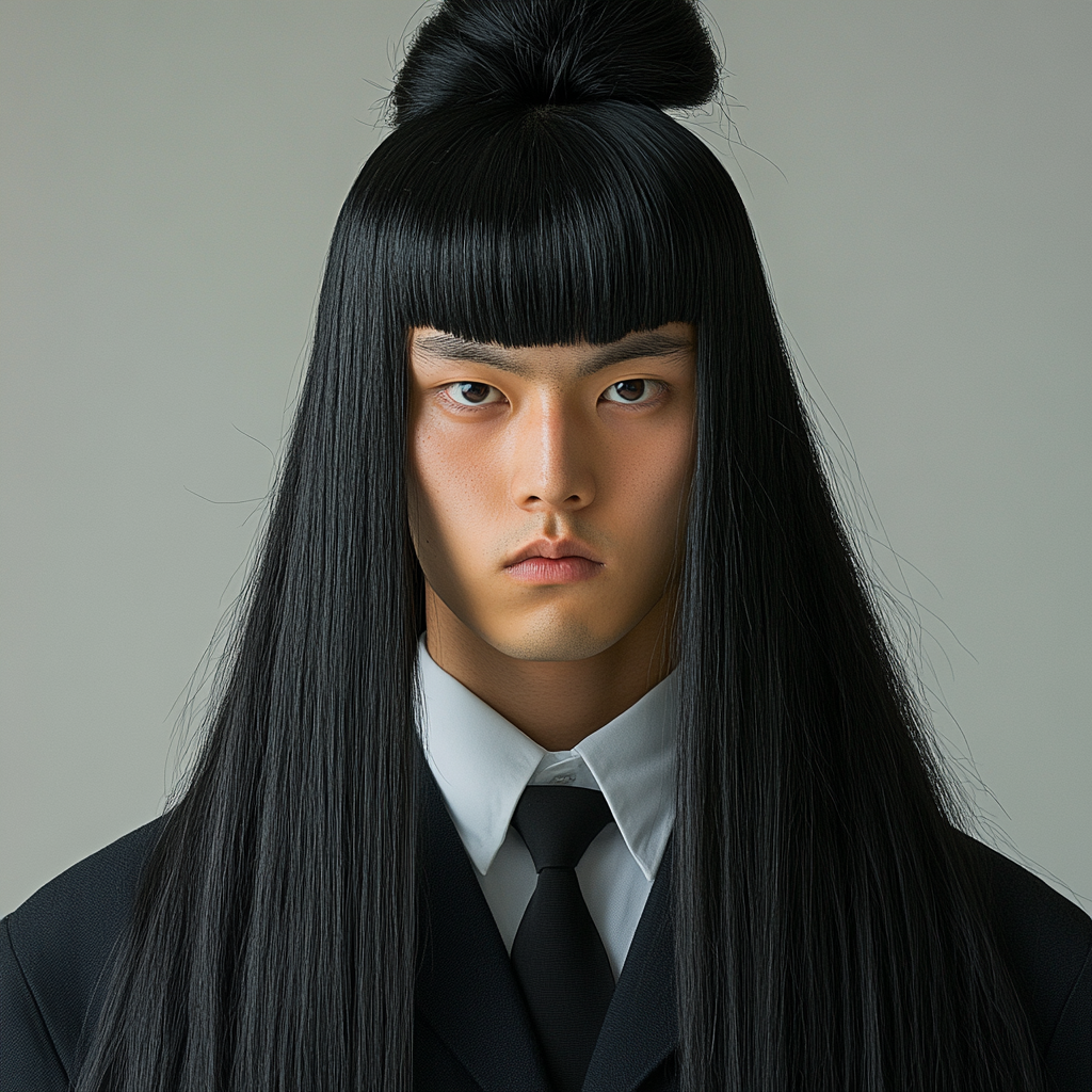 Japanese man with 2m tall hair in school uniform