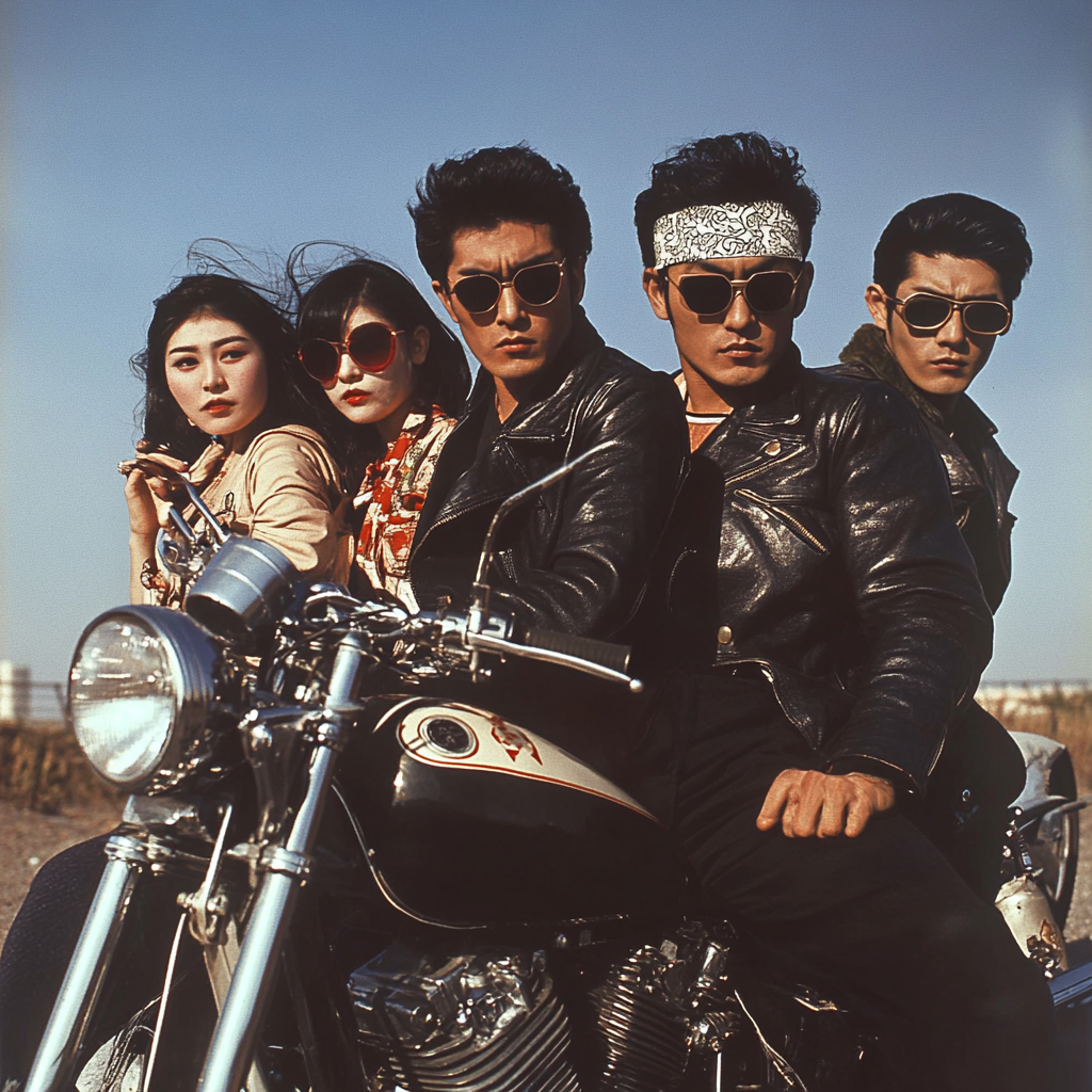 Japanese men and women in 1960s motorcycle fashion pose.