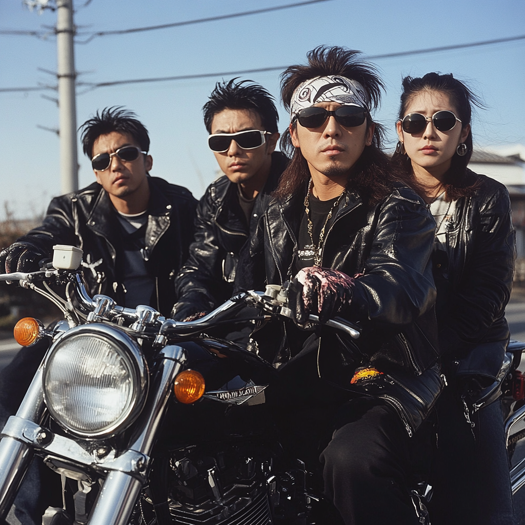 Japanese men and women in black leather outfit posing.