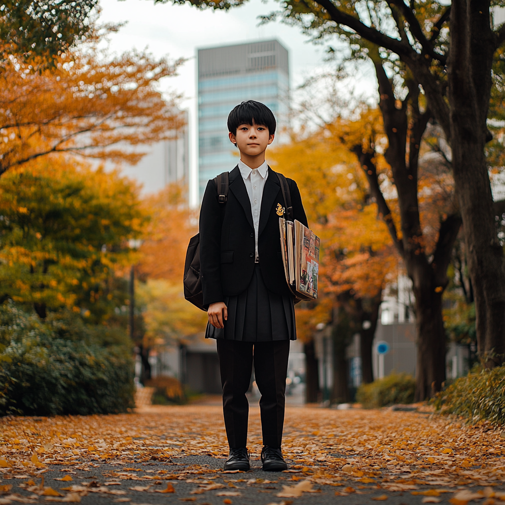 Japanese middle school student in city during autumn