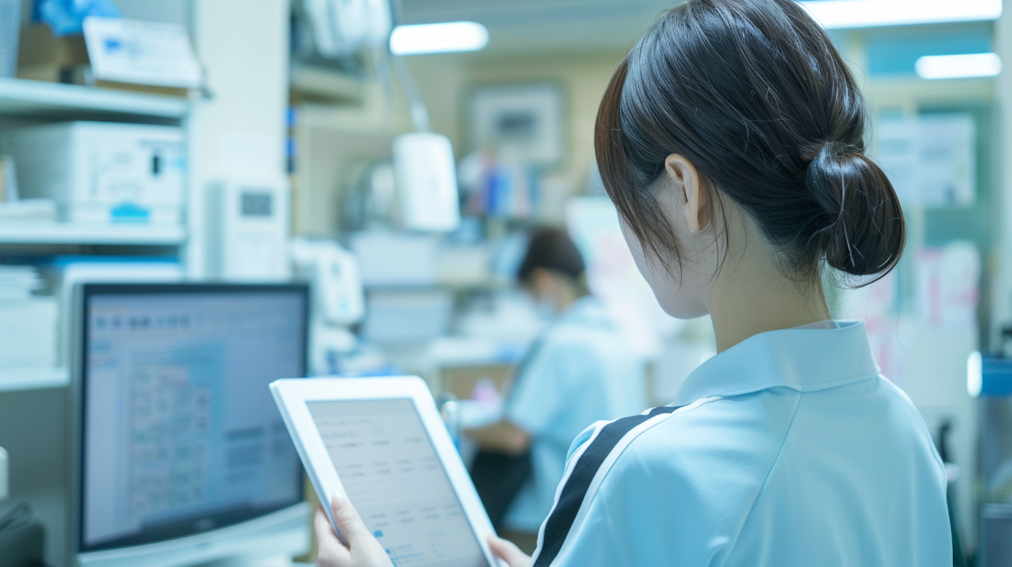 Japanese office woman with tablet and monitor, caregiver shot.