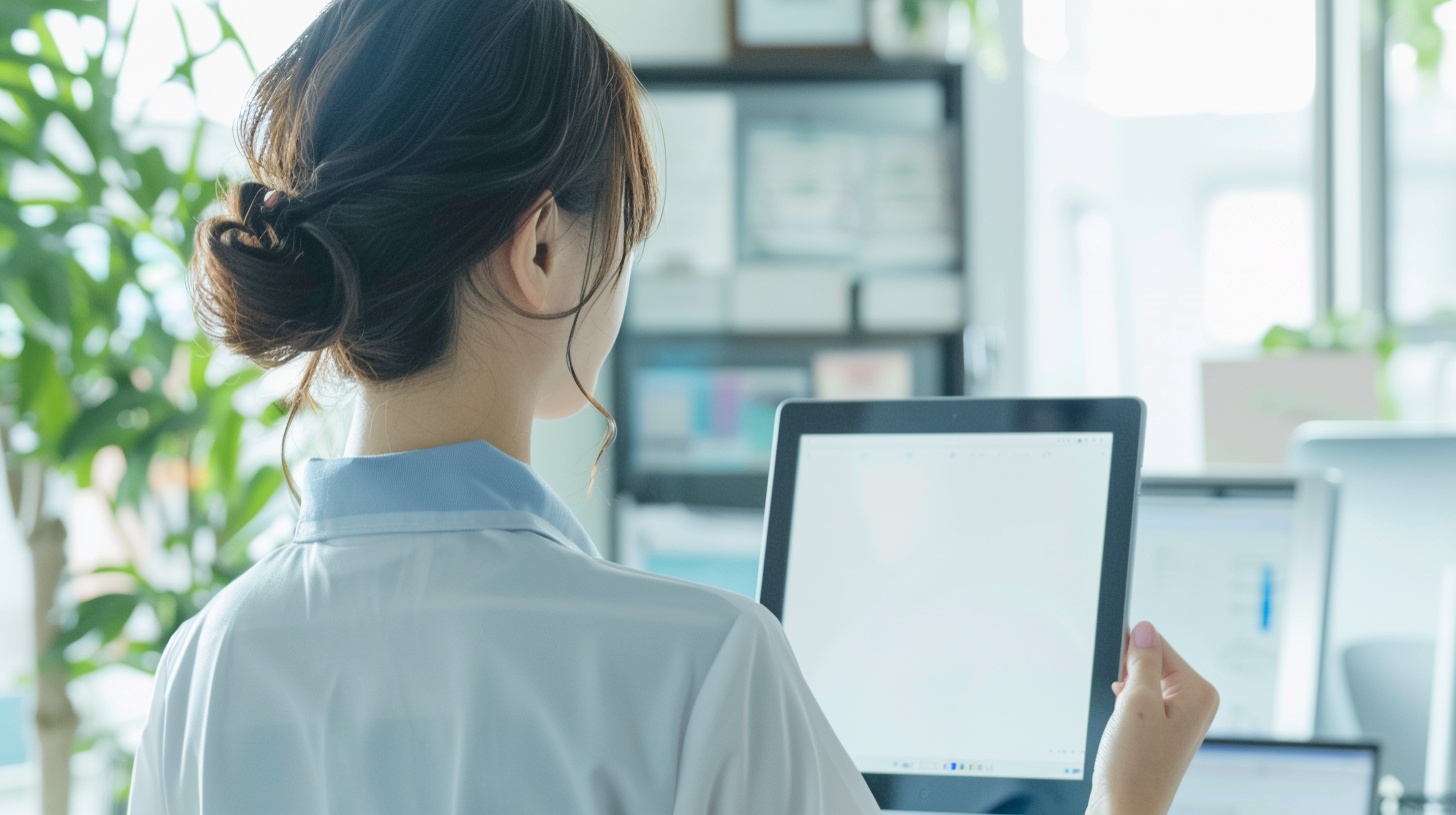 Japanese office worker with blue polo shirt, using tablet.