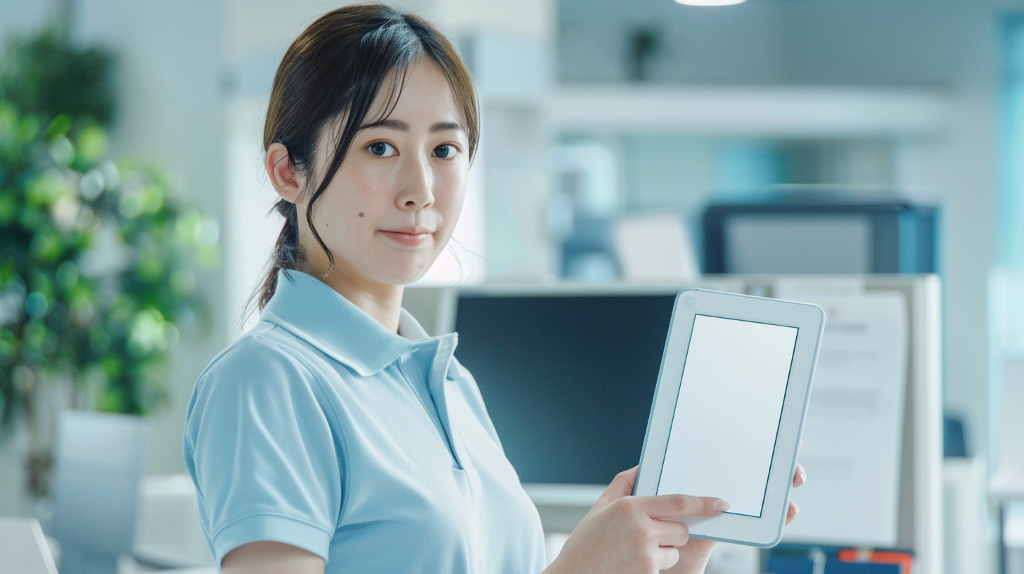 Japanese office worker with tablet and monitor at desk.