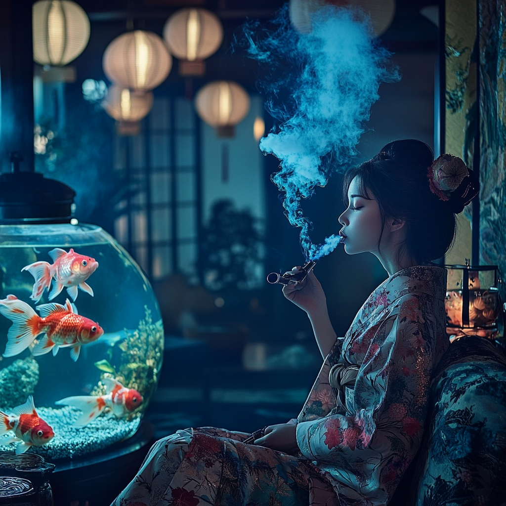 Japanese oiran woman on sofa with smoke pipe in dark room