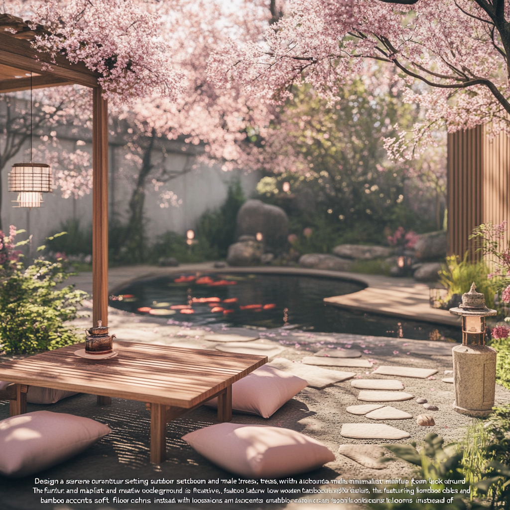 Japanese outdoor setting with cherry blossom, koi pond, minimalist furniture.